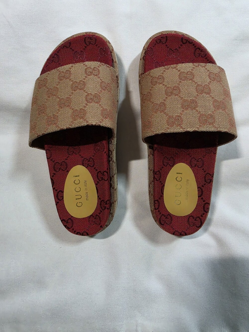 Beige Monogram Slide Sandals with Burgundy Footbed